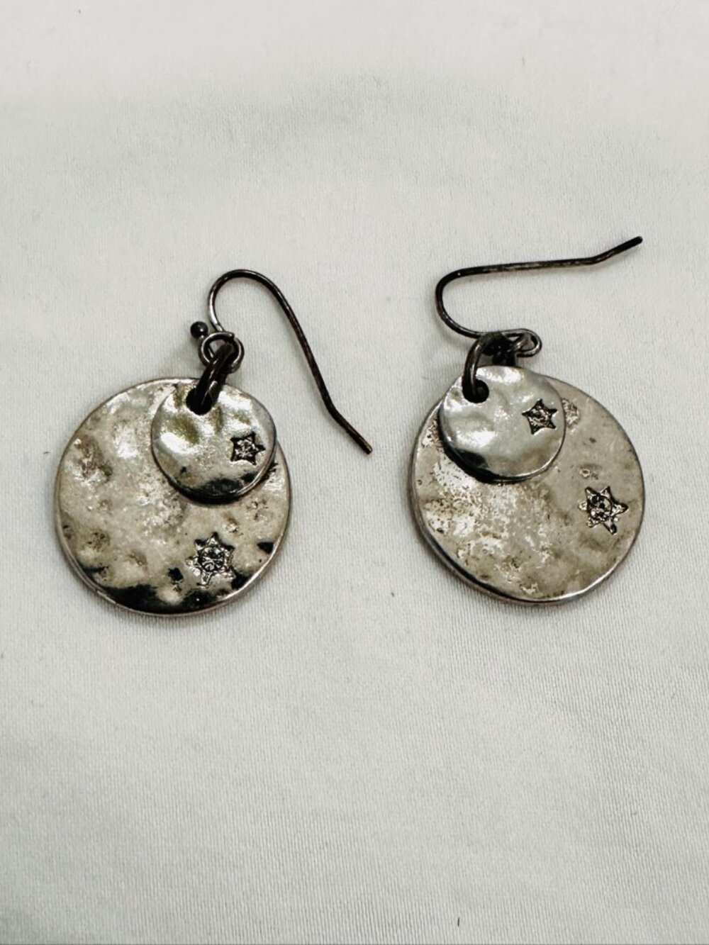 Silver Hammered Disc Star Dangle Earrings